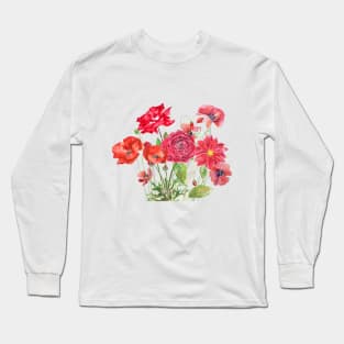 passionate red and orange poppy rose dahlia ranunculus flowers bouquet Long Sleeve T-Shirt